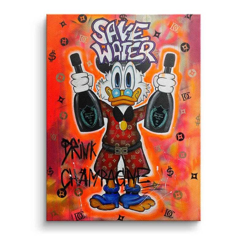 DOTCOMCANVAS® Leinwandbild Save Water - Leinwandbild, Duck Pop Art Comic Leinwand Bild Save Water drink champagne xxl Motiv von DOTCOMCANVAS®