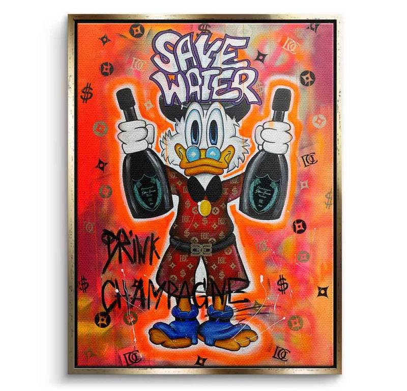 DOTCOMCANVAS® Leinwandbild Save Water - Leinwandbild, Duck Pop Art Comic Leinwand Bild Save Water drink champagne xxl Motiv von DOTCOMCANVAS®