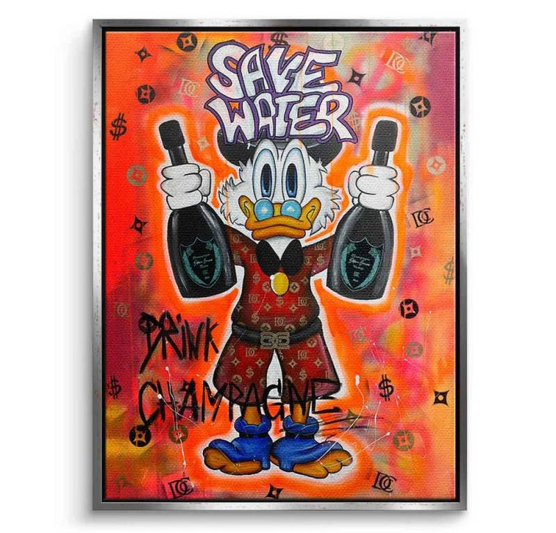 DOTCOMCANVAS® Leinwandbild Save Water - Leinwandbild, Duck Pop Art Comic Leinwand Bild Save Water drink champagne xxl Motiv von DOTCOMCANVAS®