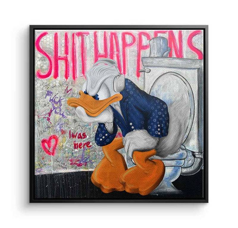 DOTCOMCANVAS® Leinwandbild Shit Happens, Leinwandbild Donald Duck Shit Happens Bad Toilette Pop Art Comic von DOTCOMCANVAS®