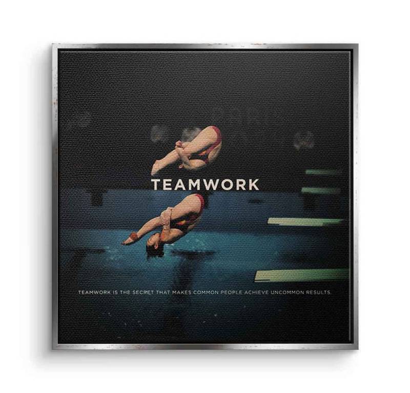 DOTCOMCANVAS® Leinwandbild Teamwork #Turmspringen - Quadrat Edition, Leinwandbild Teamwork Motivation Spruch Kunstdruck Wandbild von DOTCOMCANVAS®