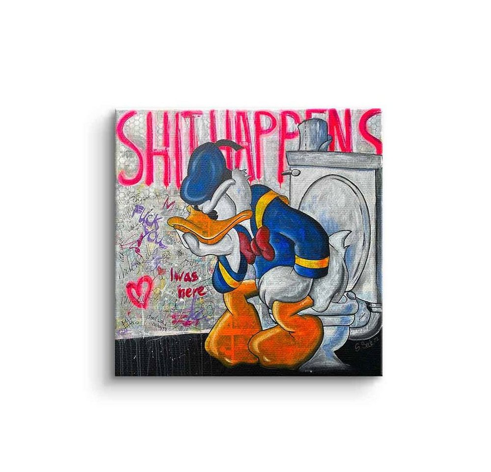 DOTCOMCANVAS® Leinwandbild Shit Happens, Leinwandbild Donald Duck Shit Happens Bad Toilette Pop Art Comic von DOTCOMCANVAS®