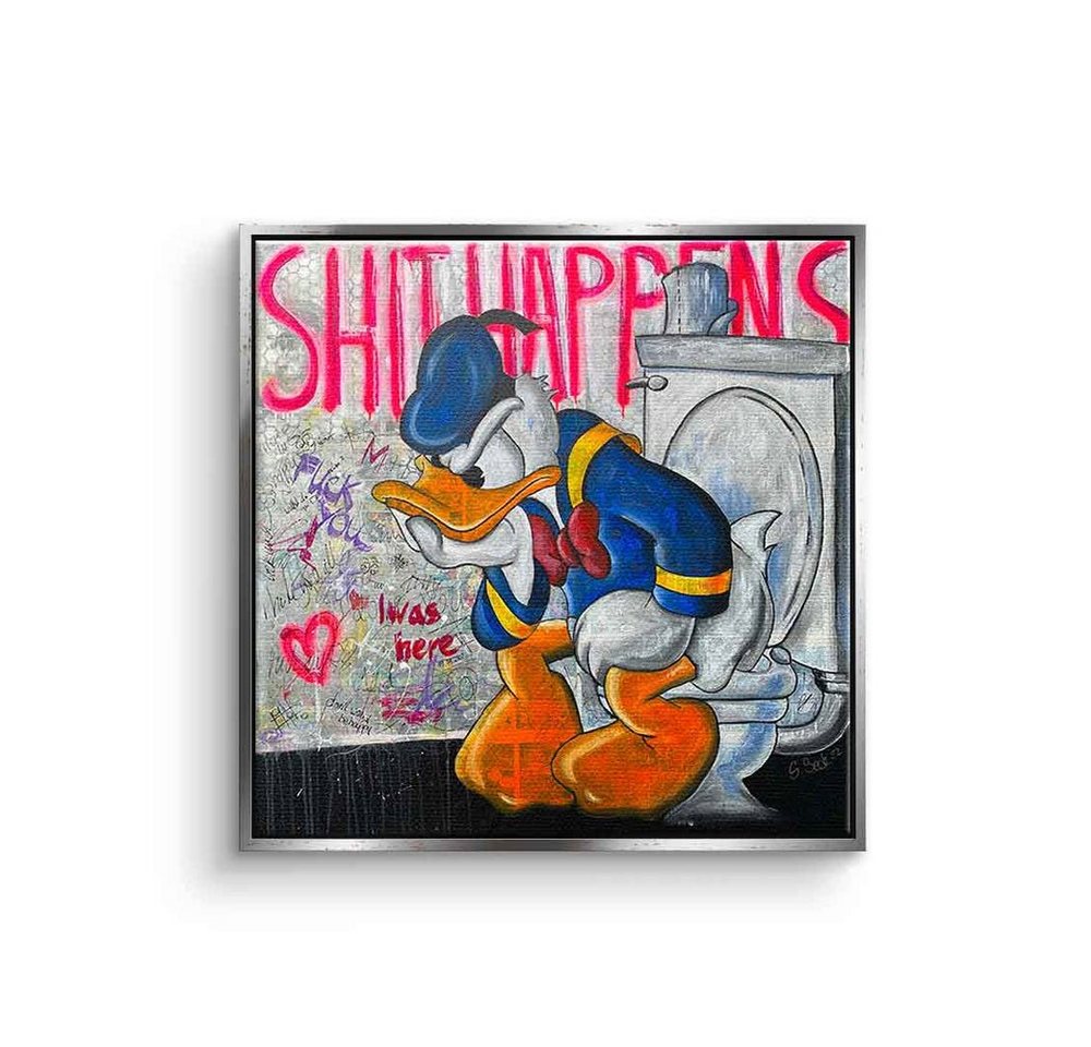 DOTCOMCANVAS® Leinwandbild Shit Happens, Leinwandbild Donald Duck Shit Happens Bad Toilette Pop Art Comic von DOTCOMCANVAS®