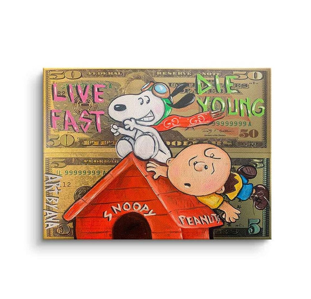 DOTCOMCANVAS® Leinwandbild Flying Peanuts, Leinwandbild Snoopy Charlie Brown Comic Cartoon live fast die young von DOTCOMCANVAS®