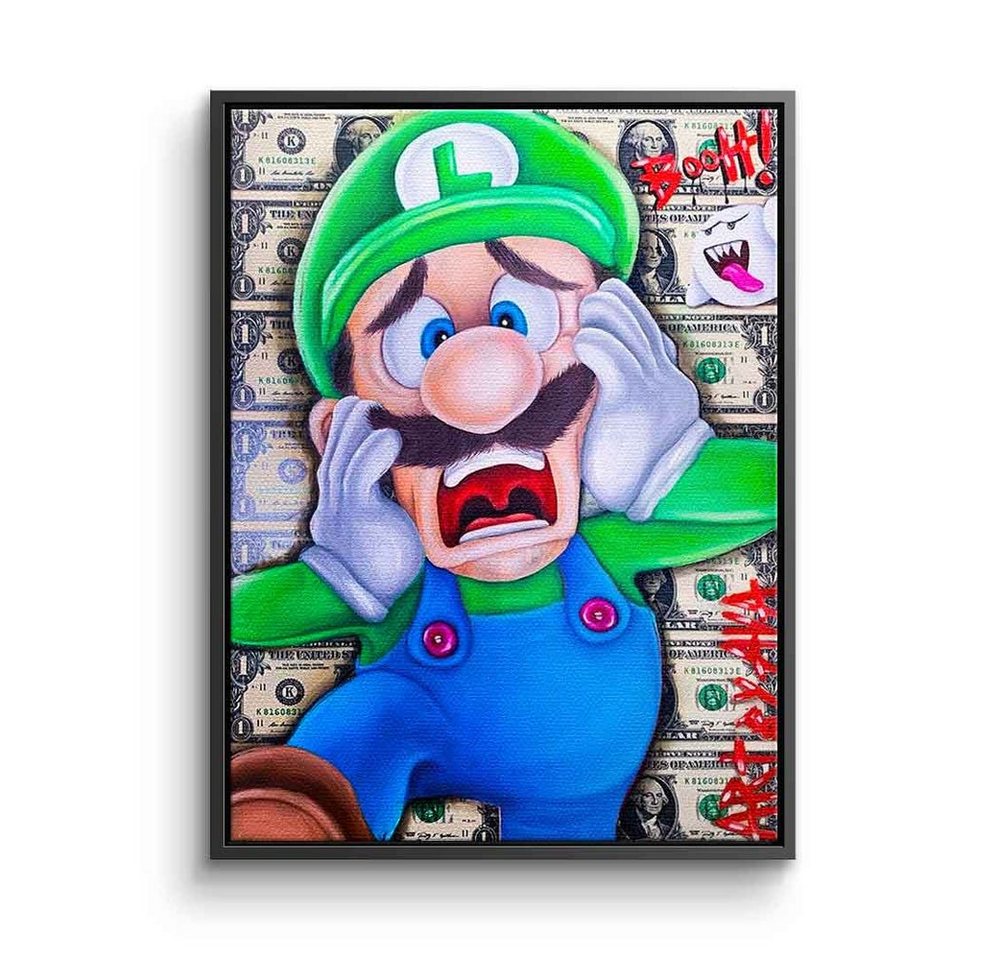 DOTCOMCANVAS® Leinwandbild Scared Luigi, Leinwand Bild Scared Luigi aus Super Mario Comic Cartoon blau grün von DOTCOMCANVAS®