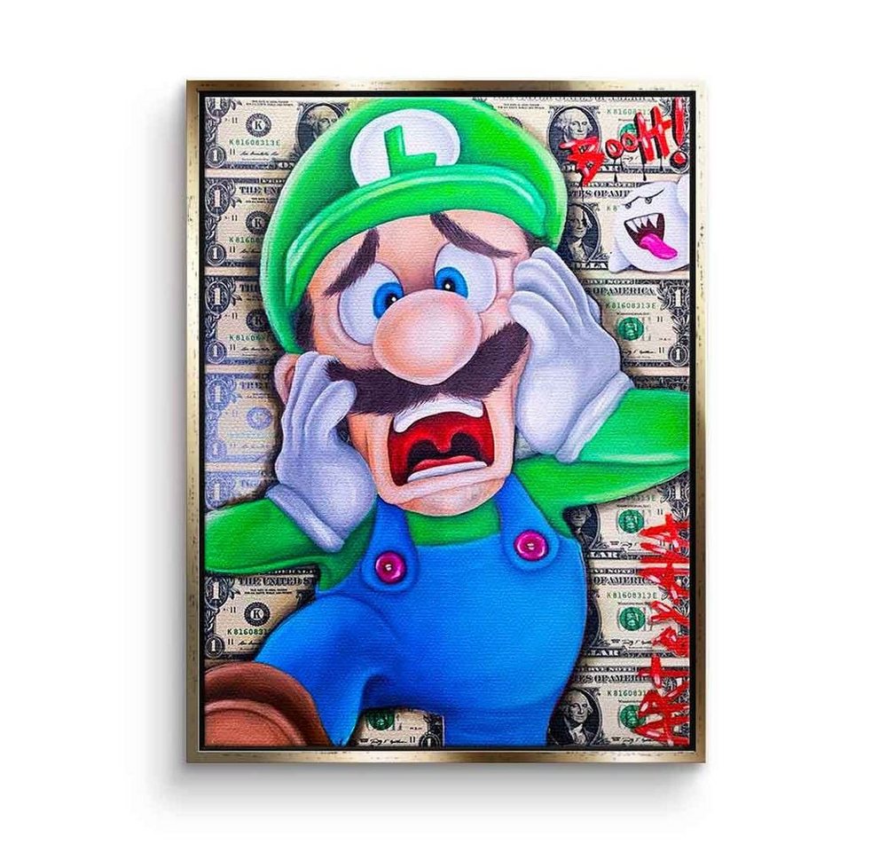 DOTCOMCANVAS® Leinwandbild Scared Luigi, Leinwand Bild Scared Luigi aus Super Mario Comic Cartoon blau grün von DOTCOMCANVAS®