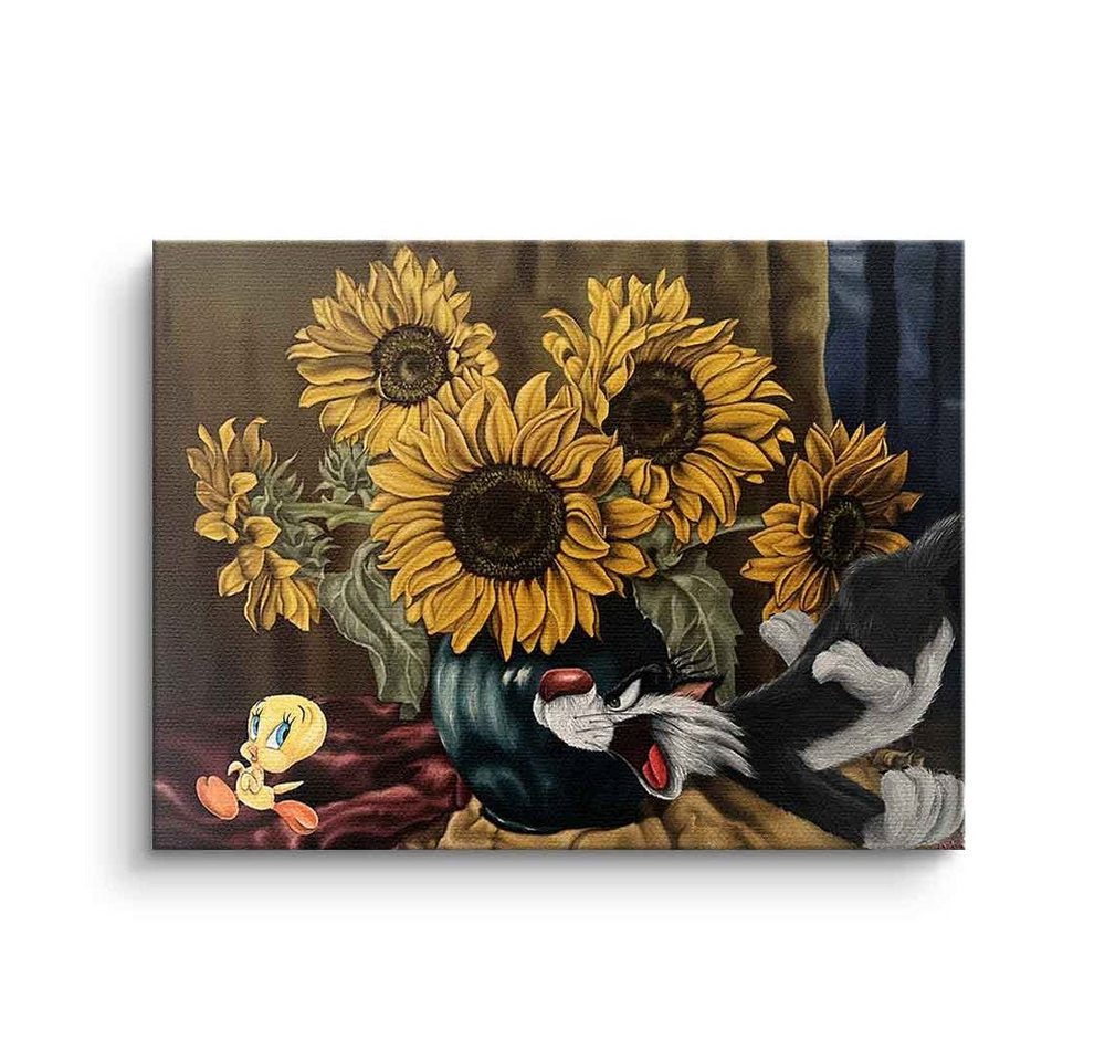 DOTCOMCANVAS® Leinwandbild Tweety running, Leinwandbild Sylvester und Tweety running Comic Cartoon Sonnenblumen von DOTCOMCANVAS®