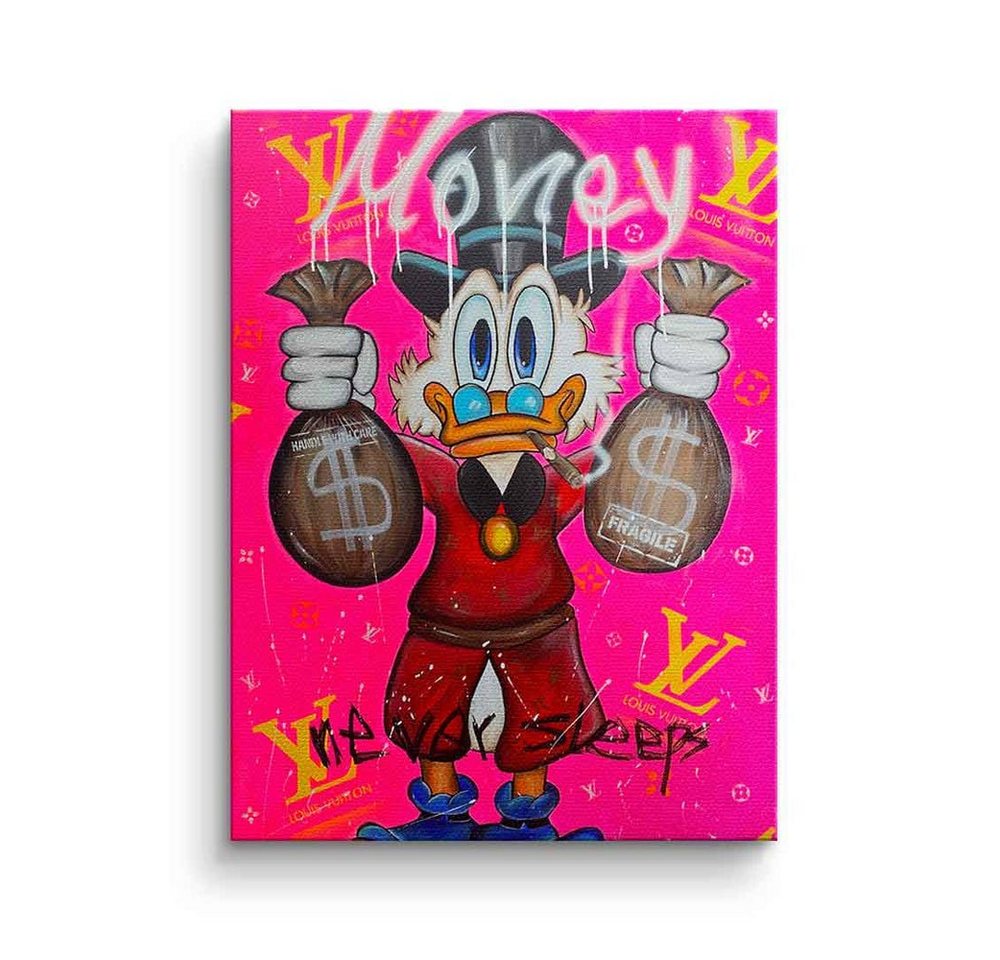 DOTCOMCANVAS® Leinwandbild Pink Money never sleeps, Leinwandbild Pink Money never sleeps Dagobert Duck Pop Art comic von DOTCOMCANVAS®