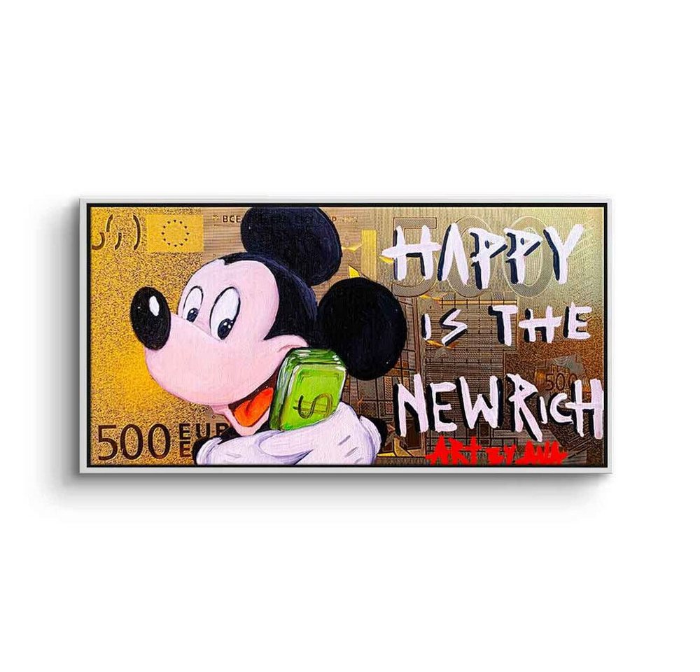 DOTCOMCANVAS® Leinwandbild Happy Is The New Rich, Leinwandbild Happy Is The New Rich Mickey Mouse Geld Hustle Gold von DOTCOMCANVAS®