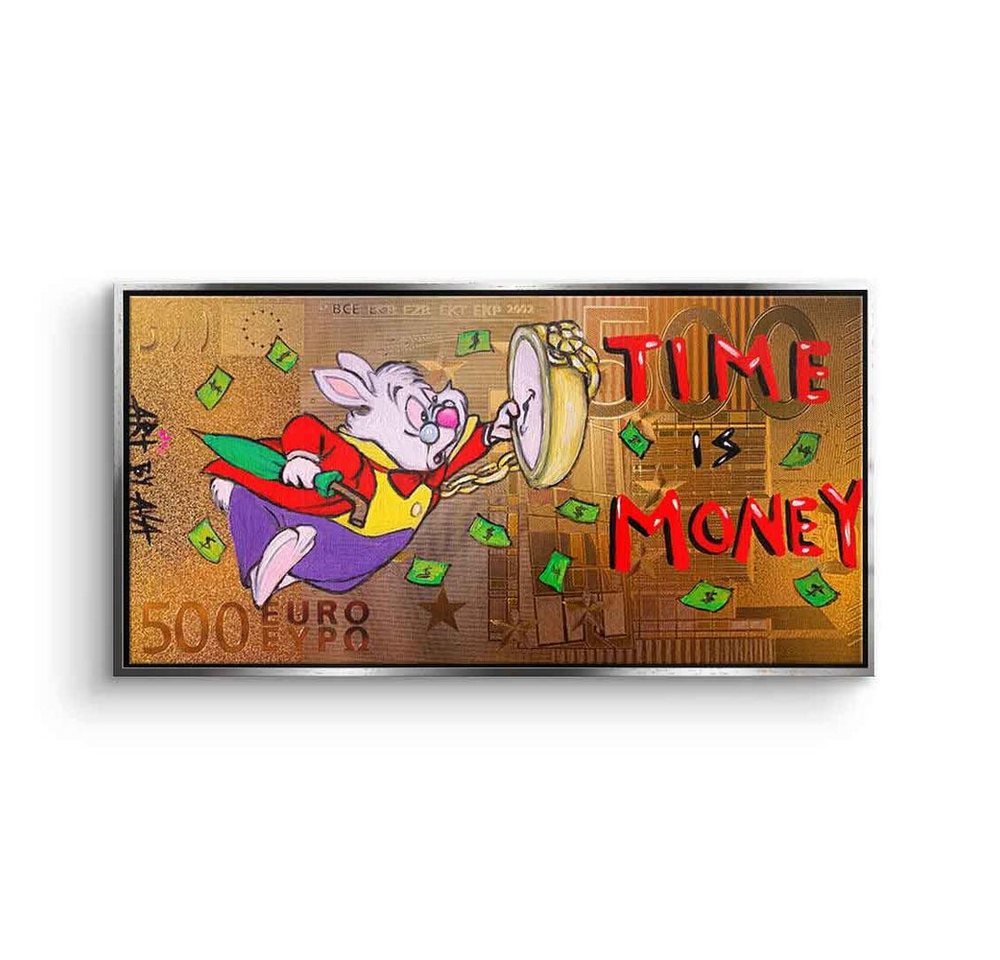 DOTCOMCANVAS® Leinwandbild Time Is Money, Leinwandbild Time Is Money White Clock Rabbit gold Geld money hustle von DOTCOMCANVAS®