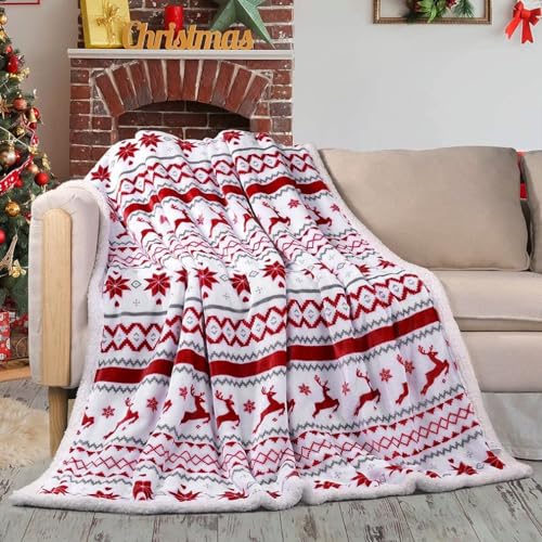 DOTERO Weihnachten Sherpa Decke,Weihnachtshirsch Kuscheldecke Rot 150x200cm,Wohndecke Flanell Fleecedecke als Sofadecke & Couchdecke,Flauschiger Plüsch (100 x 140 cm) von DOTERO