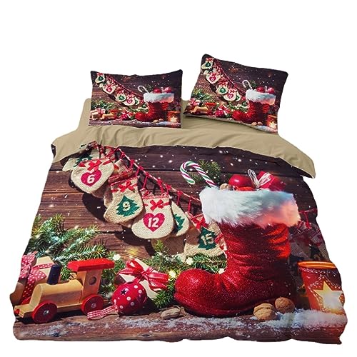 DOTERO Weihnachtsmann und Elch Schneemann Rentier Muster Bettbezug Set mit Kissenbezügen,Weihnachten Bettwäsche Set 220x240cm Weihnachtsdekoration,Geschenk-Set (2,155x220+80x80cm) von DOTERO