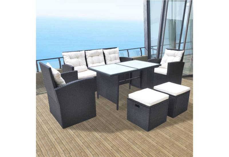DOTMALL Esstisch 6-tlg. Garten-Essgruppe mit Kissen Poly Rattan Schwarz von DOTMALL