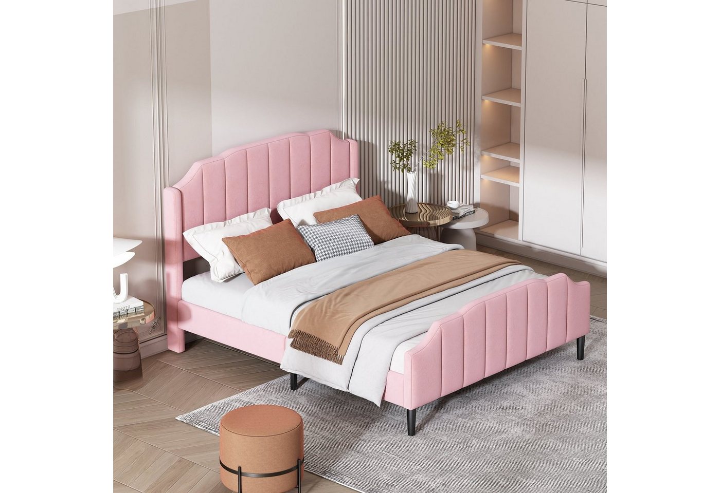 DOTMALL Polsterbett Fußteil und Lattenrost Rosa Samt gepolstertes Doppelbett 140 x 200 cm von DOTMALL