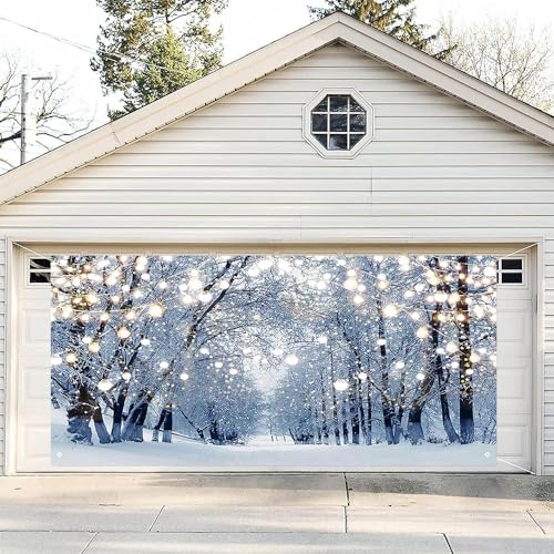 DOTOOMA 1,8 x 4,5 m Weihnachtswald weiße Schneeszene Garagentor-Banner Glitzer Winter Urlaub Party Zuhause Outdoor Wanddekorationen Liefert Polyester, SME-CK122-FBA-185X400CM von DOTOOMA