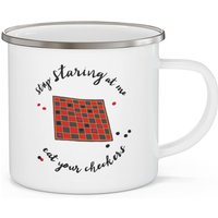 Stop Staring At Me Eat Your Kariert Kaffeetasse. Annie Goolihy Overboard Emaille Tasse von DOTTO