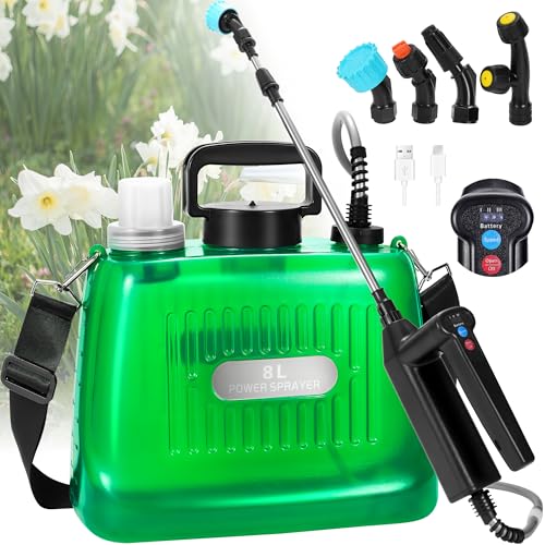 DOUBFIVSY Drucksprüher Akku 8L, Elektrischer Pflanzensprüher mit 4 Nebeldüsen, Wiederaufladbarem Teleskopstab mit 3 Gang Einstellung, LED Anzeigetafel, Gartenspritze Sprühgerät Pflanzensprüher (Grün) von DOUBFIVSY