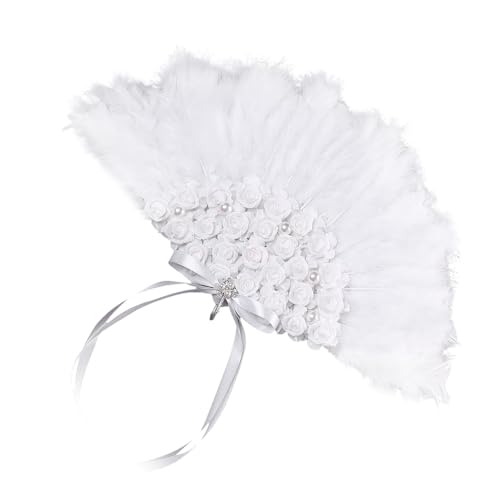 DOUDINGMAO Eleganter Handfächer für Hochzeiten, Brautpartys, Hochzeiten, Accessoires, Zeremonie, Spitze, gefiedert, mit Rosenblume, Brautfächer von DOUDINGMAO