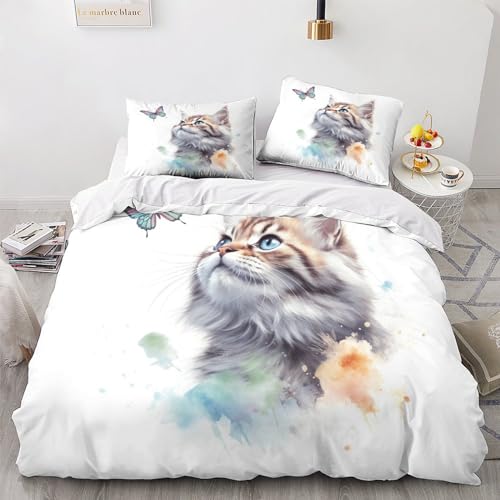 DOUKI Katze Bettwäsche 3D Tier Gedruckte Mikrofaser 3teilig - Bettbezug 3er Set Mit Kissenbezug,niedlich Kittymit Reißverschluss Double（200x200cm） von DOUKI