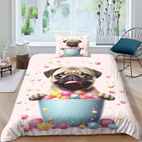 DOUKI Mops 3D Bettwäsche Set Hund Bettbezüge Kissenbezug Tröster Bettwäsche Bettwäsche Mit Teiligem Kissenbezug Single（135x200cm） von DOUKI