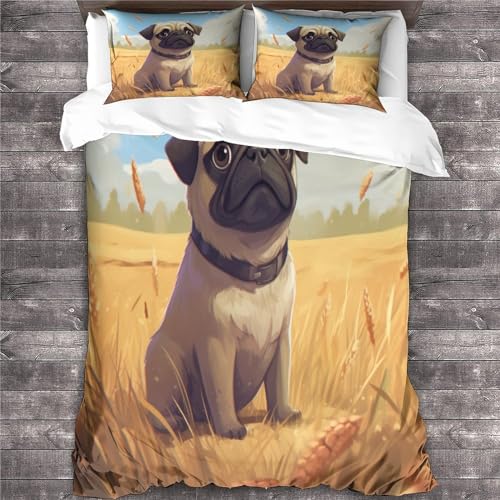 DOUKI Mops 3D Hund Designs Luxuriöse Bettbezug Sets Bettbezug Sets Wende Bettwäsche Sets Mit Passenden Kissenbezügen,100% Mikrofaser,3D Tier,Double（200x200cm） von DOUKI