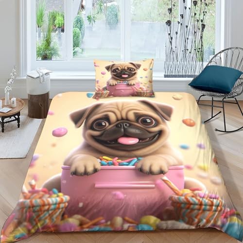 DOUKI Mops Bettwäsche Mädchen Und Kissenbezüge 3D Hund Drucken Mikrofaser Bettbezug-Set Für Jugendliche Single（135x200cm） von DOUKI