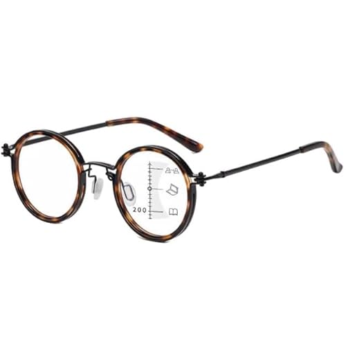 DOUKI Progressive Multifokus Lesebrillen Für Herren +2.0, Vintage Runder Brille Multifokale Lesehilfe Metall Vollrahmen, Federscharnier (Color : Tortoise, Size : +2.5) von DOUKI