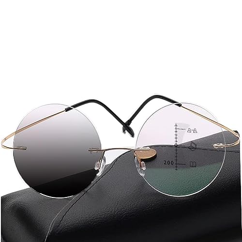 DOUKI Runder Rahmenlose Lesebrillen Für Herren Damen Photochrome Sonnenbrille Progressive Multifokus Brille Ultraleichte Metall +2.0 (Color : Gold, Size : +2.0) von DOUKI