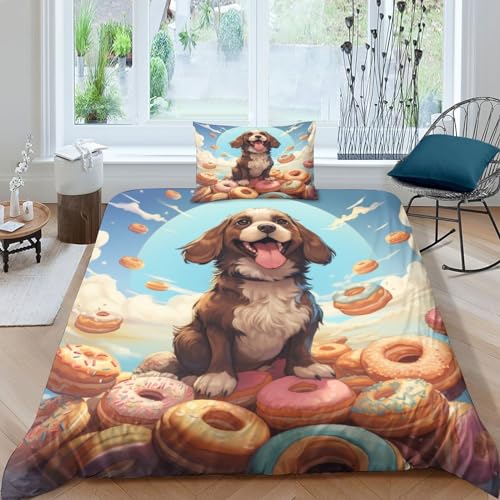 Hund Bettwäsche Microfaser 3D Donut Bettbezug Set 3 Teilig Bettwäsche Set 1 Flauschige Bettbezug Mit Reißverschluss Und Kissenbezüge-Cartoon Single（135x200cm） von DOUKI