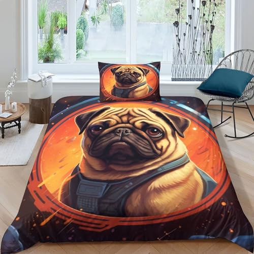 Mops Bettwäsche-Set,Hund Bettbezug Mit Kissenbezügen,3D Tier Druck Mikrofaser,Geeignet Für Jungen Mädchen Single（135x200cm） von DOUKI