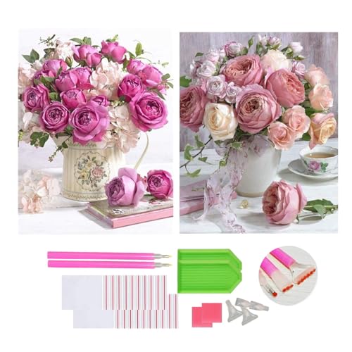 DOUKOYEE Diamond Painting Set für Erwachsene Kinder DIY 5D Diamant Painting Blume Tiere Katze Landschaft Dinosaurier Malen nach Zahlen Diamant Anfänger Home Wall Decor 30x40cm (L-Blumen Rose Set) von DOUKOYEE