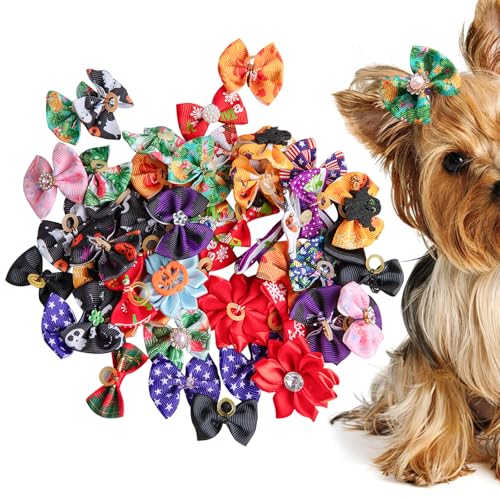 Hunde Haarschmuck,50 Stück Hundehaar-Schleifen mit Gummiband Hunde Haarspange Kopfbedeckung für Haustiere für Kleine Hunde,Katzen (Zufällige Farbe) von DOULEIN