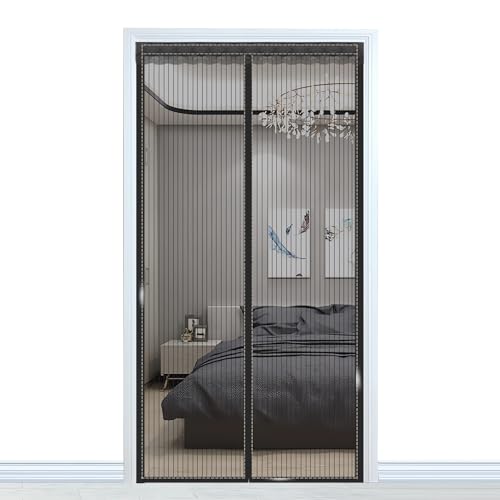 Fliegengitter für Tür, 95 x 200 cm (Breite x Höhe), Polyestergewebe mit durchgehendem magischem Band und starken Magneten, Fliegengitter für Tür mit Spitze (Black Stripes) von DOUSMHII