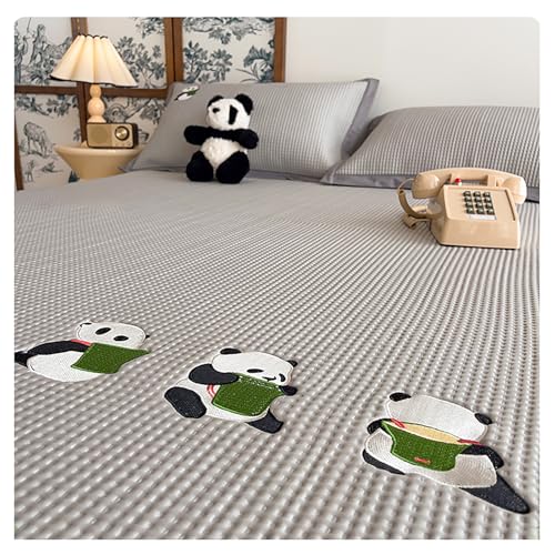 Ice Silk Kühlende Matratzenschoner Mit Gesticktem Panda, Kinder Sommer Bettlaken Mit 2 Kissenbezug, Rutschfeste Waschbare Matratzentopper Matte Für Einzel-Doppelbett(Size:180×200cm,Color:Grey-A) von DOUZIO