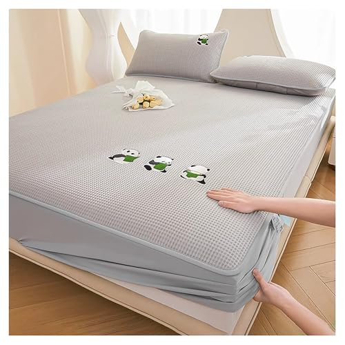 Ice Silk Kühlende Matratzenschoner Mit Gesticktem Panda, Kinder Sommer Bettlaken Mit 2 Kissenbezug, Rutschfeste Waschbare Matratzentopper Matte Für Einzel-Doppelbett(Size:180×200cm,Color:Grey-B) von DOUZIO