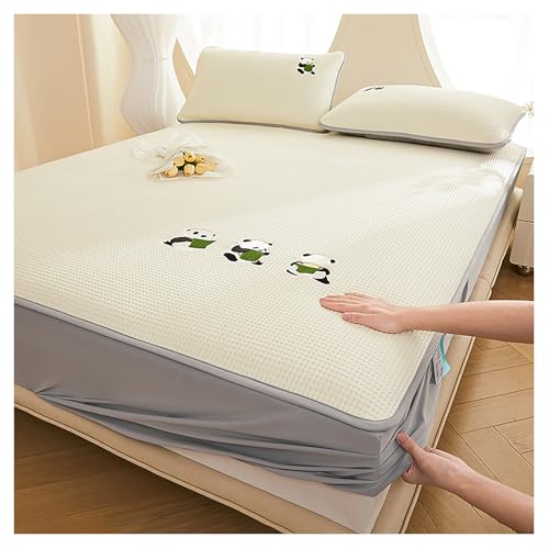 Ice Silk Kühlende Matratzenschoner Mit Gesticktem Panda, Kinder Sommer Bettlaken Mit 2 Kissenbezug, Rutschfeste Waschbare Matratzentopper Matte Für Einzel-Doppelbett(Size:180×200cm,Color:White-b) von DOUZIO