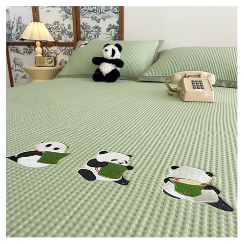 Ice Silk Kühlende Matratzenschoner Mit Gesticktem Panda, Kinder Sommer Bettlaken Mit 2 Kissenbezug, Rutschfeste Waschbare Matratzentopper Matte Für Einzel-Doppelbett(Size:180×200cm,Color:green-a) von DOUZIO