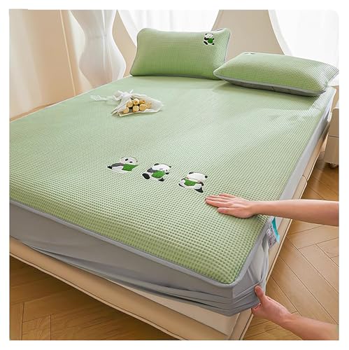 Ice Silk Kühlende Matratzenschoner Mit Gesticktem Panda, Kinder Sommer Bettlaken Mit 2 Kissenbezug, Rutschfeste Waschbare Matratzentopper Matte Für Einzel-Doppelbett(Size:180×200cm,Color:green-b) von DOUZIO