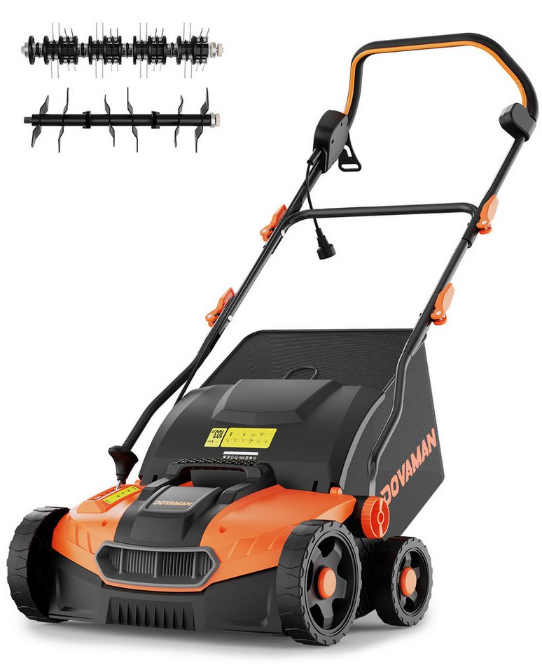 DOVAMAN Elektrorasenmäher 15Amp Elektro Vertikutierer, 40 cm Arbeitsbreite, 40 cm Schnittbreite, 5-stufige Tiefeneinstellung, 45L Fangkorb von DOVAMAN