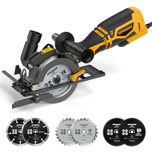 DOVAMAN Mini Handkreissäge, 710W 115mm Handkreissäge w/Laser, 3500RPM, Metall-Hilfsgriff, 43mm (90°), 29mm (45°) Schnitttiefe, 6 Sägeblätter, ideal für Holz, Weichmetall, Kunststoff, Fliesen–MCS01A von DOVAMAN