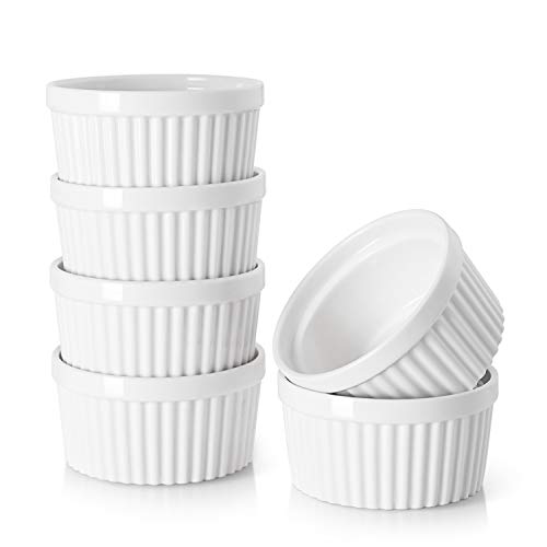 DOWAN Creme Brulee Schälchen Set, 6 X 120 ml Porzellan Souffle Förmchen Backofenfest für Leckere Würzfleisch, Ragout Fin Schalen und Sauce, Microwellen-, Airfryer-, Spülmaschinenfest, Ø 9cm-Weiß von DOWAN