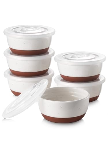 DOWAN Förmchen Creme Brulee mit Deckeln, 6 X 235ml Antihaft-Souffléförmchen Porzellan, Creme Brulee Schälchen, Backofen-, Microwellen-, Spülmaschinenfest, Ø 11cm-Glasur mit Gesprenkeltem von DOWAN