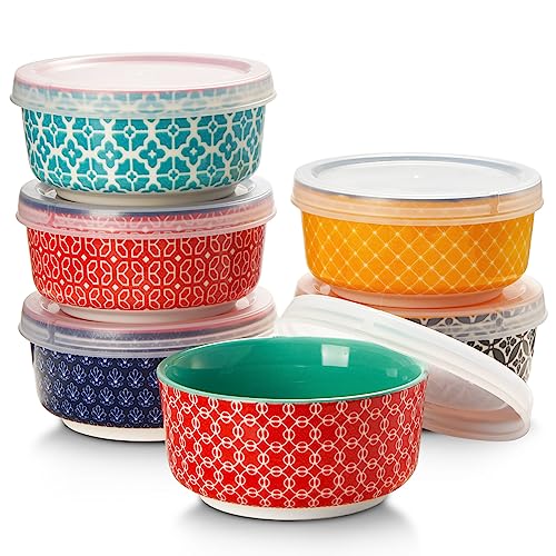 DOWAN Dipschalen aus Porzellan, 176 ml Dessertschalen Set 6er mit Deckel - Stapelbare Schüssel für Sauce, Snack, Dessert, Tapas, Creme Brulee Schälchen Mehrfarbig, Spülmaschinen- & Mikrowellenfest von DOWAN