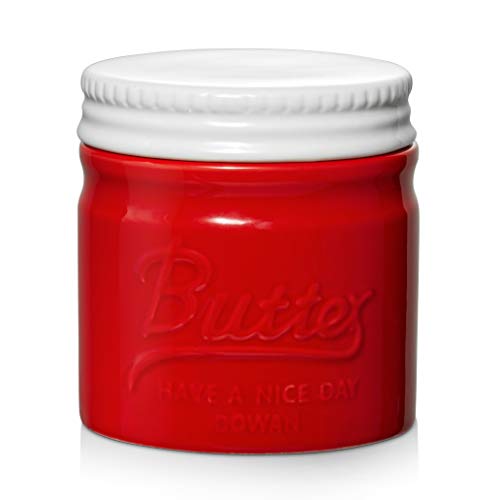DOWAN Porzellan Butter Keeper Crock, Französische Butterdose mit Deckel, Porzellan-Buttertopf im Einmachglas-Stil, Geprägter Butterbehälter für Frisch Aromatisierte Butter, Rot von DOWAN