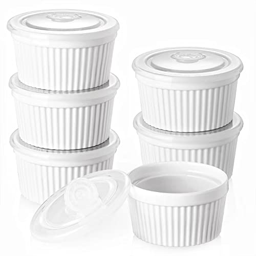 DOWAN Förmchen Creme Brulee Set mit Deckel, 6 X 230ml Antihaft-Souffléförmchen Porzellan, Creme Brulee Schälchen für Leckere Würzfleisch, Ragout Fin Schalen, Backofen-, Spülmaschinenfest, Ø 10cm-Weiß von DOWAN