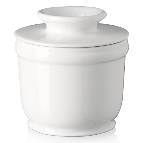 DOWAN Keramik Butterdose, Französische Butterdose mit Wasserkühlung, Butterglocke mit Deckel, Buttertopf für frische und streichfähige Butter - Weiß von DOWAN