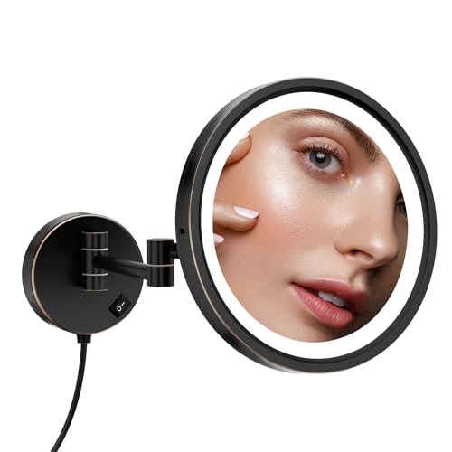 DOWRY Schminkspiegel mit Beleuchtung,10-Fach vergrößerungsspiegel Wandmontage,3 LED Farben Lichtern kosmetikspiegel, Rasierspiegel für Badezimmer,Schwarz, Ölgeriebenes Bronze,Ø25CM von DOWRY
