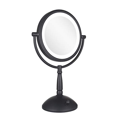DOWRY Kosmetikspiegel mit Beleuchtung und Vergrößerung 5X Einstellbare Helligkeit Schminkspiegel Stehend Tischspiegel Schwarz,Ø20CM von DOWRY