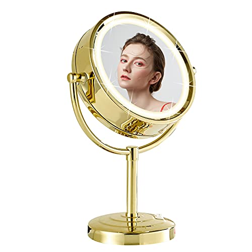 DOWRY LED Kosmetikspiegel Stehend - 3 Farben Lichtern - Vergrößerungsspiegel mit Licht 1x/5x - Schminkspiegel Gold - Tischspiegel mit Beleuchtung - 360° Schwenkbar Doppelseitige Spiegel,Ø21.5 cm von DOWRY