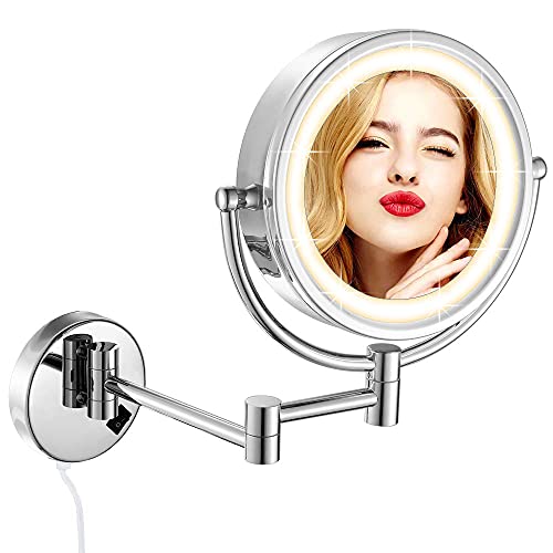 DOWRY Wand Kosmetikspiegel mit Beleuchtung 5X Vergrößerungsspiegel für Bad 360° Schwenkbar Einziehbar Doppelseitiger Spiegel Silber,Durchmesser 8 Zoll von DOWRY